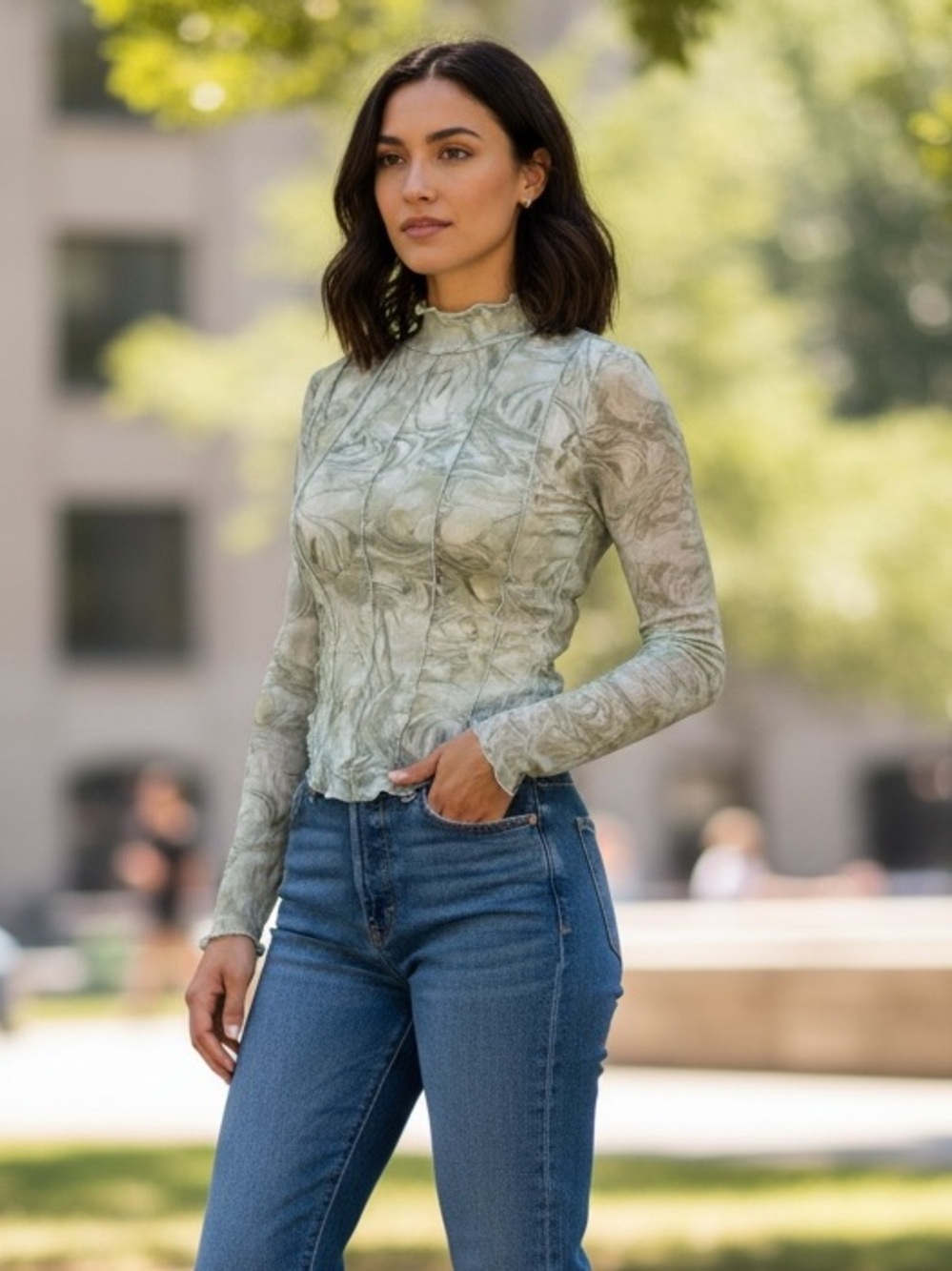 Forever 21 Light Mint Ribbed women’s long sleeve semi sheer blouse
